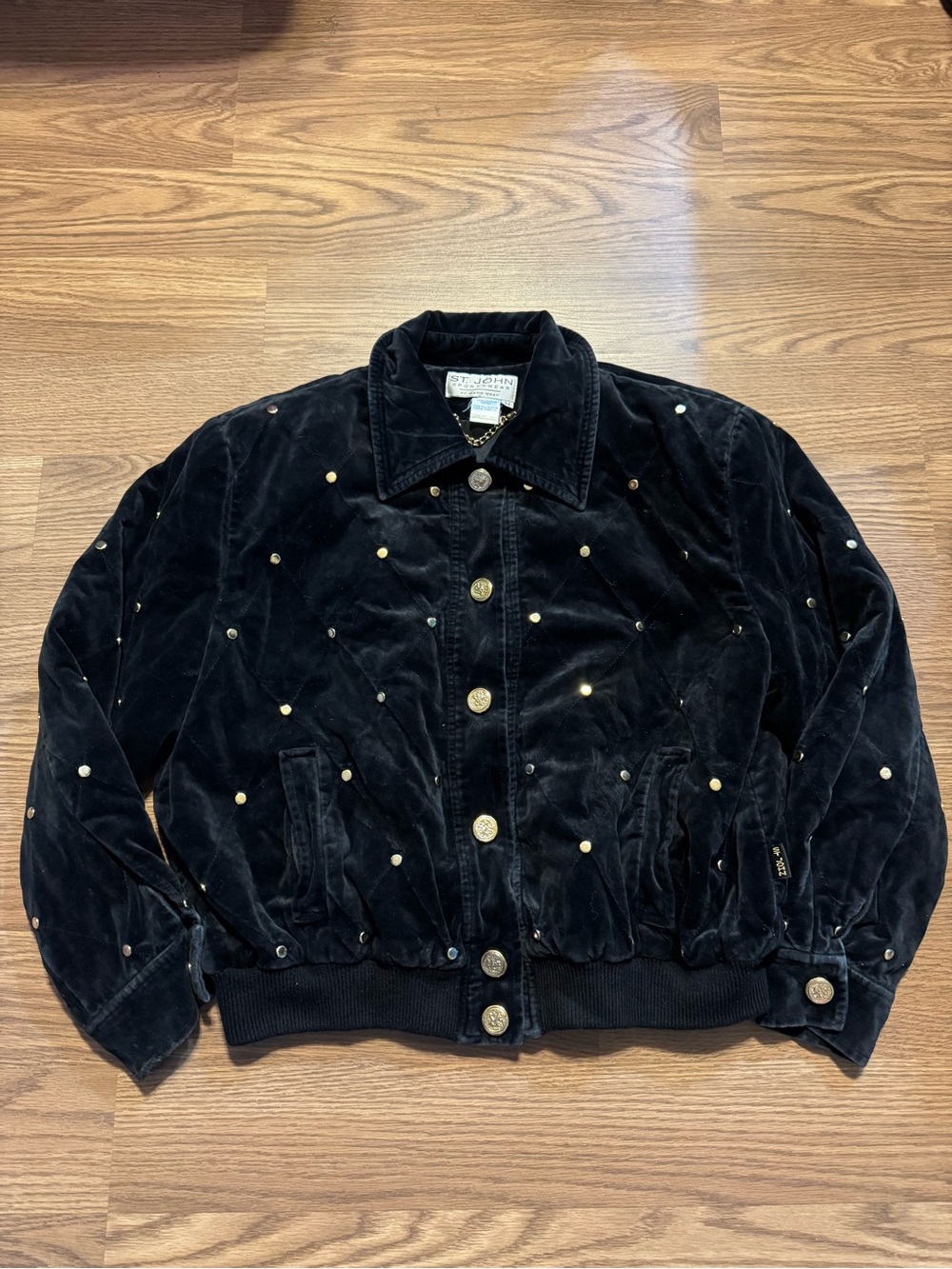 Vintage St John Sportswear by Marie Gray Black Velvet Studded Bomber Jacket